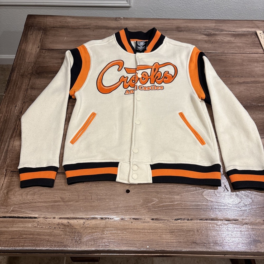 Crooks‎ & Castles Varsity Jacket Men Small Beige Bomber Sherpa Fleece Lined Snap